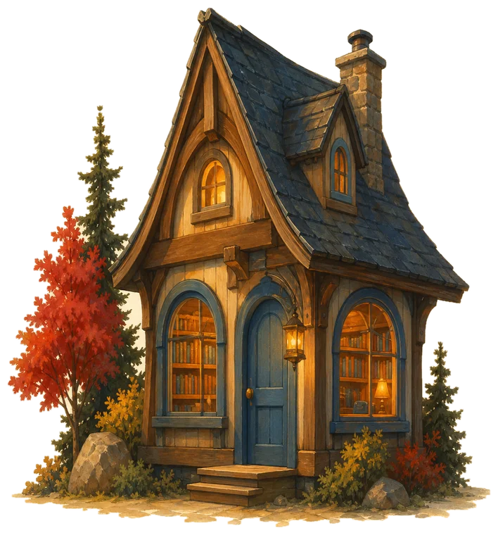 A tall storybook library with a blue door and lit arched windows