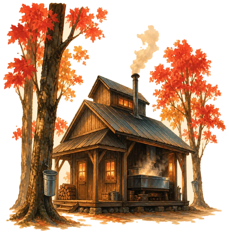 A wooden cabin with a lit porch