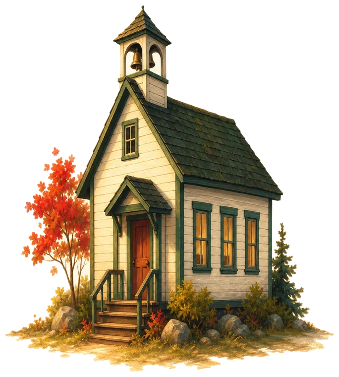 A small white schoolhouse with a bell tower