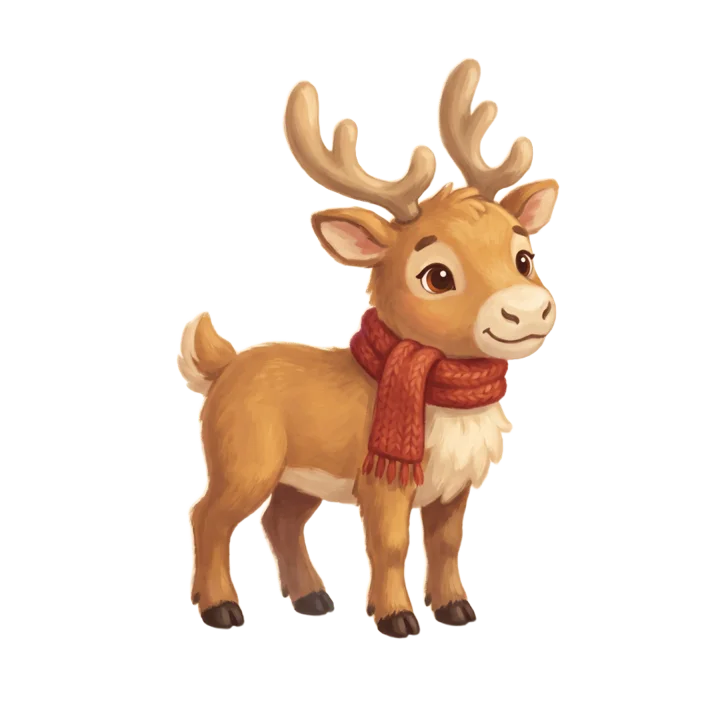 Caribou, a young reindeer with a knitted red scarf
