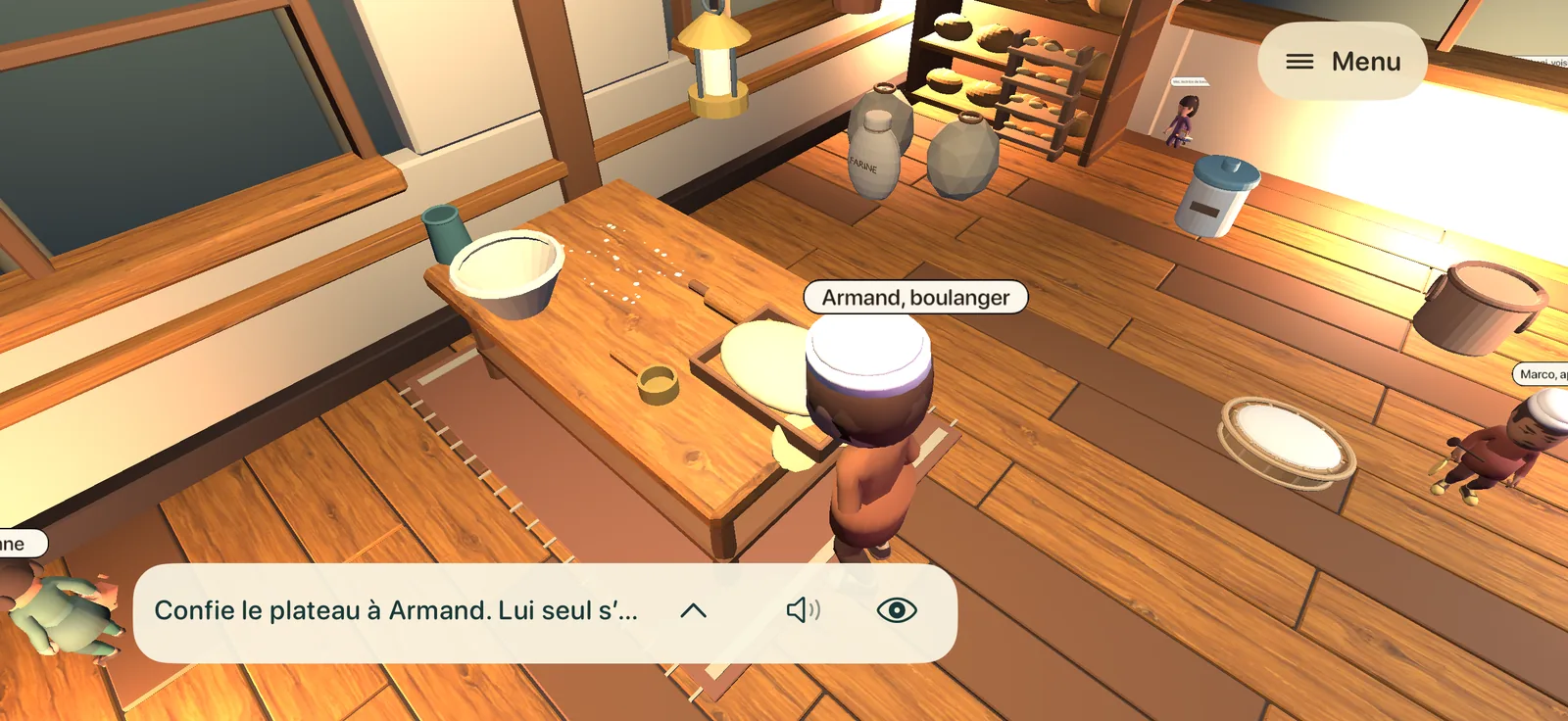 Inside the bakery: a wooden workbench with a bowl of flour, Armand the baker in an apron, and the instruction “Confie le plateau à Armand” at the bottom of the screen