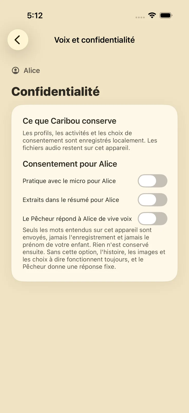 Confidentialité: what Caribou keeps, and the consent switches for the child, all off by default