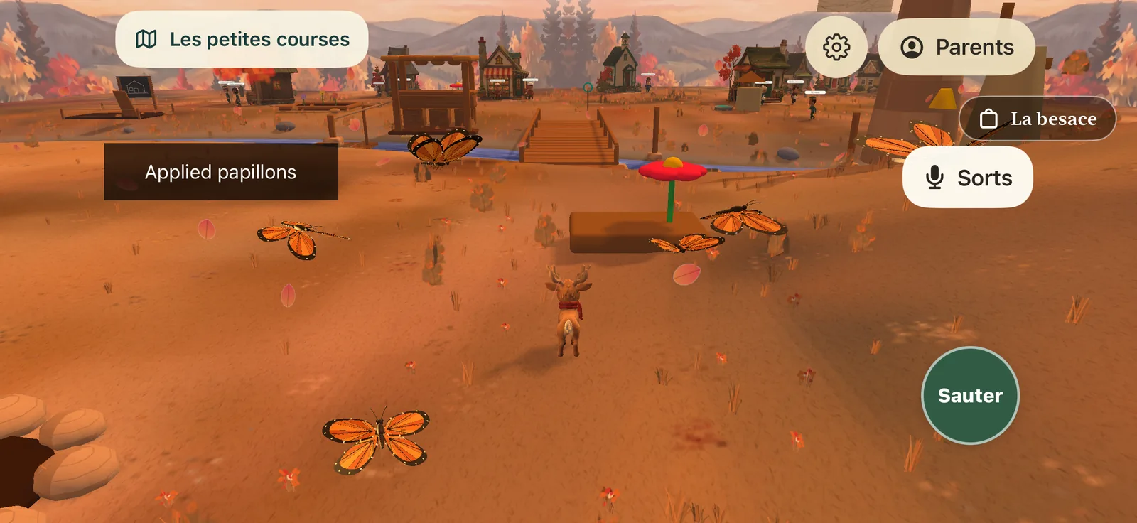 The valley from above in autumn: the caribou walking a dirt road among butterflies, buildings and a river in the distance